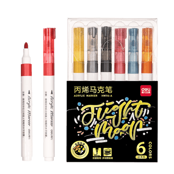 得力（deli）6色单头免按压丙烯马克笔儿童手绘咕卡涂鸦diy画鞋丙烯颜料彩绘金属色荧光笔水彩笔美育毕业礼物
