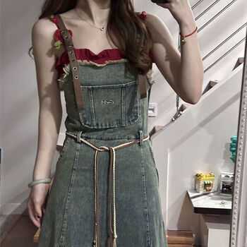 沁芍甜美法式牛仔吊带连衣裙女春季2024年夏季新款牛仔背带裙女复古绑