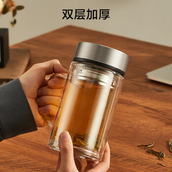 京东京造 茶杯 双层玻璃茶水分离泡茶咖啡杯子带把手大容量500ml