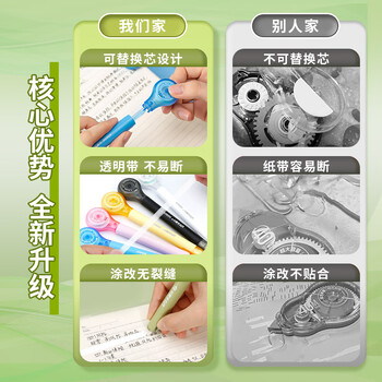 乐普升笔式修正带可替换芯隐形涂改带小学生初中生专用高颜值黑科技改正带9189女生款 粉绿蓝黄C蓝+5替芯
