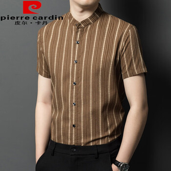 中山装纯棉男士短袖衬衫立领条纹衬衣中国风薄款中式男装衬衫 卡其色