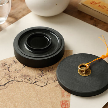 漢墨 火锅砚台 双圈天然原石毛笔书法盛墨汁用4寸墨海 文房四宝防蒸发砚台带盖墨池无盒款