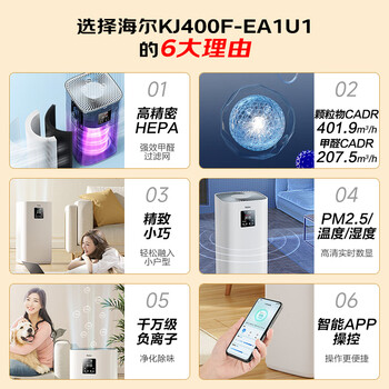 海尔(Haier)空气净化器除甲醛除烟味除猫毛宠物UV除菌小型室内家用母婴负离子净化空气消毒机KJ400F-EA1U1 海尔(Haier)空气净化器除甲醛除烟味除猫毛宠物UV除菌小型室内家用母婴负离子净化空气消毒机KJ400F-EA1U1