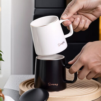 CLITON陶瓷马克杯大容量带勺盖咖啡杯牛奶杯早餐杯办公杯茶杯白色350ml