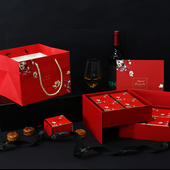 中秋节月饼包装盒手提礼品盒盒子牛皮纸包装盒月饼盒子现货 红色-花意