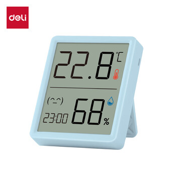 得力（deli）(deli)室内电子温湿度计/表办公家用壁挂桌面婴儿房儿童办公用品生日礼物 带时间+表情显示LE517
