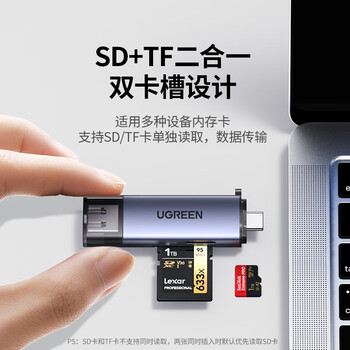 绿联USB/Type-C读卡器3.0高速  SD/TF多功能合一适用电脑/平板/手机/苹果16/15运动相机无人机ccd监控
