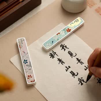 漢墨 金属镀银木韵镇尺 镇纸创意压纸书法文镇 青菊2支礼盒装 文房四宝桌面笔搁笔架摆件
