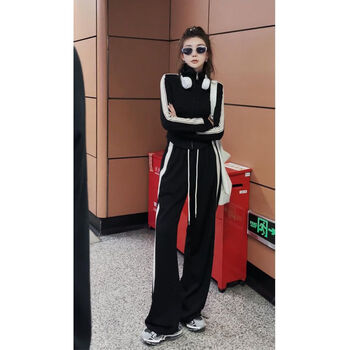 时尚套装女春秋季2022新款休闲运动服高腰阔腿裤两件套冬雾 0739黑色