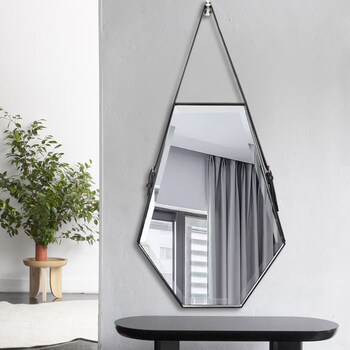 北欧皮革装饰镜壁挂简约玄关穿衣镜洗手台卫生间化妆镜子六边菱形