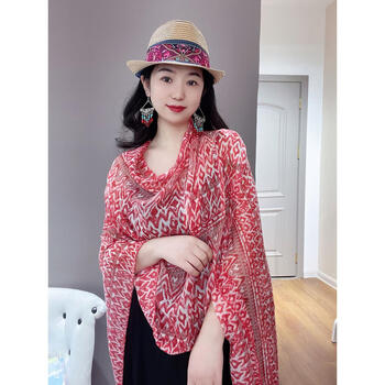 恒源祥红色披肩女外搭配裙子云南民族风夏季薄款海边沙漠旅游防晒纱巾