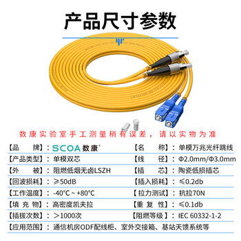 数康（SCOA）电信级光纤跳线SC-FC(UPC) 0.5米 单模双芯OS2大方头转圆头跳纤 光纤线 尾纤S-2SC-FC-S0.5