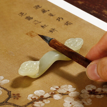 漢墨 岫玉如意毛笔笔架 多功能毛笔笔置笔搁毛笔架子 文房四宝把玩瓷器摆件2支装