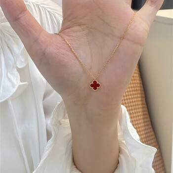 quamer施华洛世奇锆幸运酒红色四叶草项链女18k金色玛瑙吊坠颈链小众