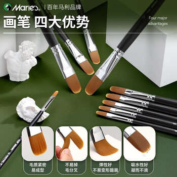 马利尼龙水粉画笔仿狼毫色鸭舌型画笔油画笔丙烯水粉水彩色彩笔美术生专用长杆排笔画材刷单号6支套装
