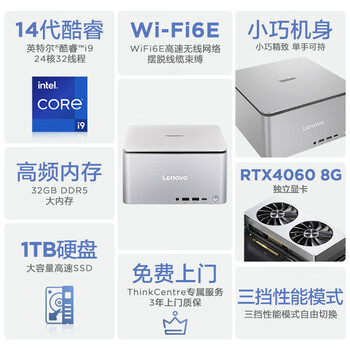 联想ThinkCentre Ultra Al元启AIPC高性能迷你 混合算力台式电脑主机 定制i9 64G内存 4TB固态 8G独显
