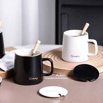 CLITON陶瓷马克杯大容量带勺盖咖啡杯牛奶杯早餐杯办公杯茶杯白色350ml