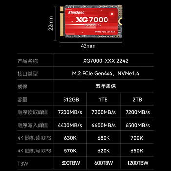 金胜维（KingSpec）1TB SSD固态硬盘NVMe 2242 M.2接口 长江存储颗粒 读速7200MB/s PCIe4.0 AI PC存储配件