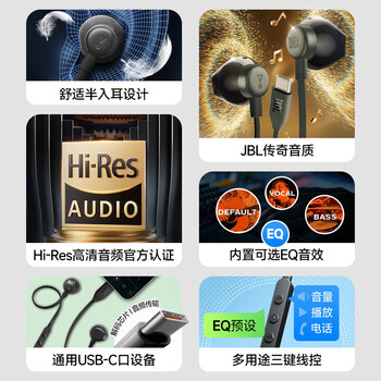 JBL TUNE 305C 有线耳机 Type-C接口 半入耳式耳机 手机耳机 适用于USB-C即插即用 黑色