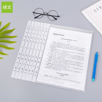 绿文11孔加厚文件袋保护袋A4夹打孔袋塑料透明活页资料袋a4加厚保护膜防水透明公文袋插页收纳袋100个
