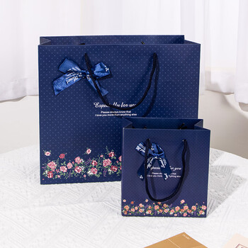 天色高档精致手提礼品袋礼物包装蝴蝶结复古牛皮纸袋子伴手礼生日年会礼品收纳TS-6003蓝色妖姬大号1个