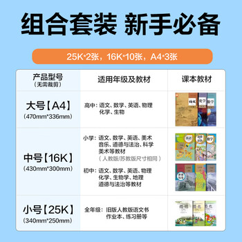 得力（deli）15张多规格 切角磨砂包书膜 中小学课本通用套装 开学必备 A4*3张 16K*10张 25K*2  VM411