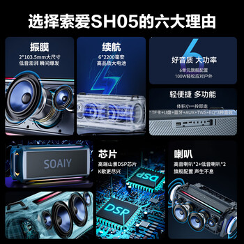 索爱（soaiy）SH05户外K歌5.3蓝牙音箱声卡音响一体机四喇叭双振膜立体声重低音炮混响广场舞直播带2个麦克风