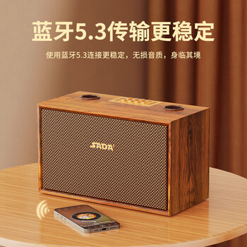 赛达复古原木蓝牙音箱家用桌面音响配双麦克风无线K歌长效续航多功能插卡超重低音炮便携式大音量K58