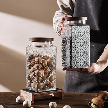 青苹果复古海棠花玻璃密封罐食品级储物罐茶叶罐相思木盖1.9L