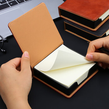 嘉然恒 商务皮质便签盒办公桌多功能收纳盒可撕便签纸小本子便利贴留言百事贴纸条 红色