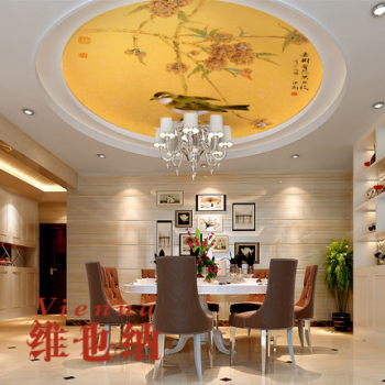 新中式客厅卧室圆顶天花板壁纸手绘花鸟墙纸 餐厅吊顶天顶壁画【拼接