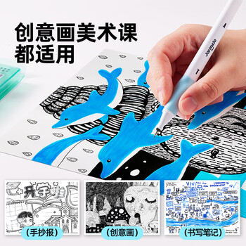 美乐童年儿童双头勾线笔水性速干可水洗记号笔轮廓笔美术绘画黑色绘画马克笔描边不掉色粗细两头12支装