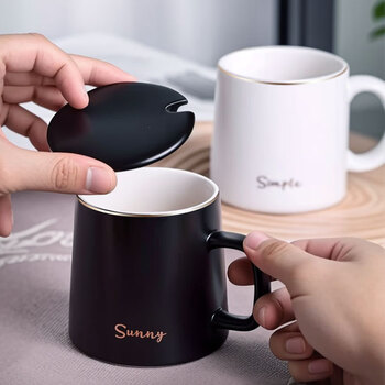 CLITON陶瓷马克杯大容量带勺盖咖啡杯牛奶杯早餐杯办公杯茶杯白色350ml