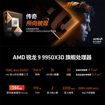 AMD锐龙9 9950X3D处理器16核32线程144MB缓存加速频率至高5.7GHz盒装CPU专业生产力 千帧电竞