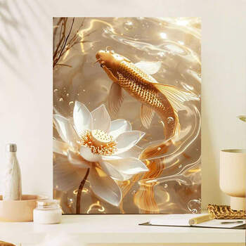 金魚と蓮の花 油彩画 約30cm x 40cm 錦鯉。無無無無？宇宙 無色界