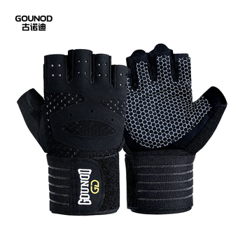 古诺迪健身手套加长绑带加压透气耐磨运动半指手套器械举重训练040黑色L