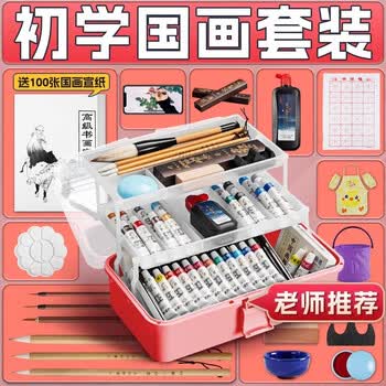 玉水湖国画颜料套装12色小学生入门水墨画工具用品儿童全套初学材料专业高级美术生专用 透明加高16件套