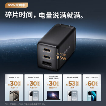 联想(Lenovo) 氮化镓三口2C1A充电器 65W小巧便携手机/电脑通用(单插头无线) QX51P89782 黑色 联想(Lenovo) 氮化镓三口2C1A充电器 65W小巧便携手机/电脑通用(单插头无线) QX51P89782 黑色