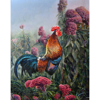 王洪升《金鸡报晓》 原创保真 布面油画原作 只此一幅