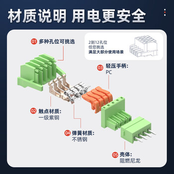 汇君 快接KC3.5/3.81mm端子插拔式PCB端子快速接线对接按压孔座连接器 8P 3.81mmC型快接式孔座[5个装]