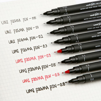 uni三菱 0.1mm水性绘图针管笔 PIN-200美术设计描边笔勾线笔深灰 6支