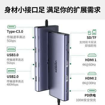绿联 Type-C多功能拓展坞 4屏异显 (HDMI+USB3.0+网卡+SD/CF读卡+PD)9合1拓展坞 45108 绿联 Type-C多功能拓展坞 4屏异显 (HDMI+USB3.0+网卡+SD/CF读卡+PD)9合1拓展坞 45108
