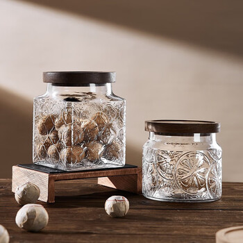 青苹果复古海棠花玻璃密封罐食品级储物罐茶叶罐相思木盖1.9L