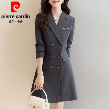 皮尔卡丹（pierre cardin）妈l妈春款女士长袖西装连衣裙女春秋2025洋气早春通勤穿搭春秋裙 灰色 [80-95斤] S