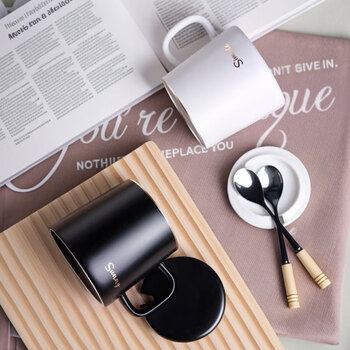 CLITON陶瓷马克杯大容量带勺盖咖啡杯牛奶杯早餐杯办公杯茶杯白色350ml