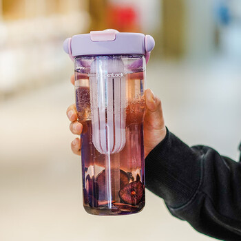 乐扣乐扣（LOCK&LOCK）大容量塑料吸管水杯tritan户外水壶带提手茶仓男女杯子紫色800ML