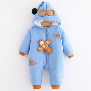 婴儿冬装0一1岁衣服爬服男女宝宝服连体衣加厚棉衣外出抱衣 天蓝色小