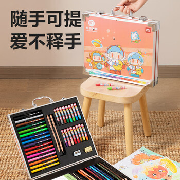 得力deli81件粉色卡通绘画画画文具美术油画棒水彩笔蜡笔手提礼盒颜料涂色卡儿童元旦礼物