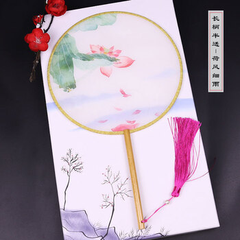 欧利文团扇diy印花团扇结婚成品cos汉服古风扇子中国风宫扇舞蹈苏州苏绣双面半透圆扇 荷风细雨