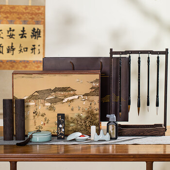 梅林笔庄文房四宝精品礼盒套装砚台毛笔书法专用工具笔墨纸砚师恩礼盒装礼物精品高档工具全套清明上河图